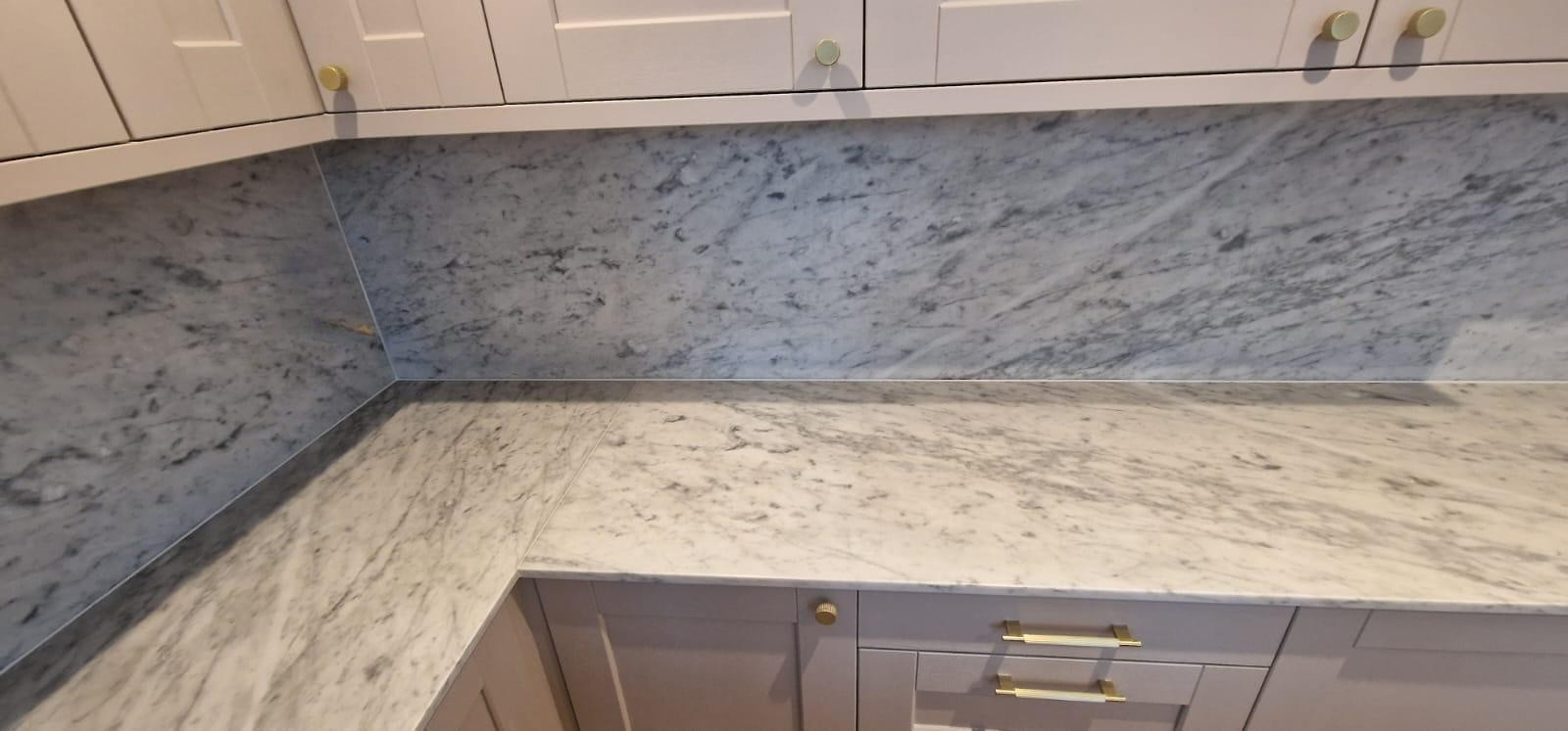 Marble Carrara honed kitchen worktop project in London